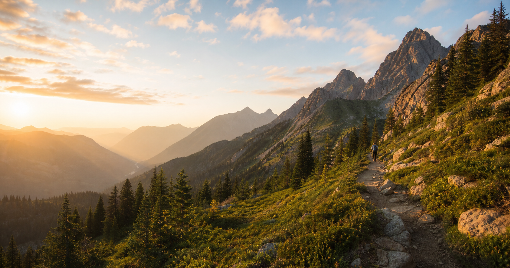 A sunlit mountain trail winding through evergreens